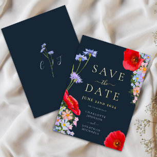 Modern Floral Blue Red Wedding Save The Date Gold Foil Invitation