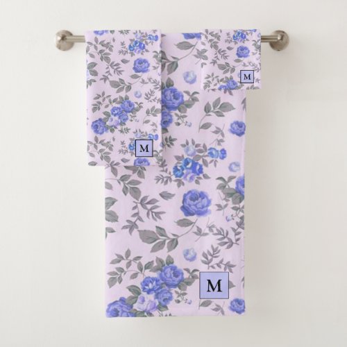 Modern Floral Blue Rose Bath Towel Set