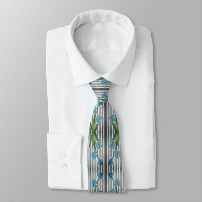 Modern Floral Blue Tulips Botanical Elegant Neck Tie (Tied)