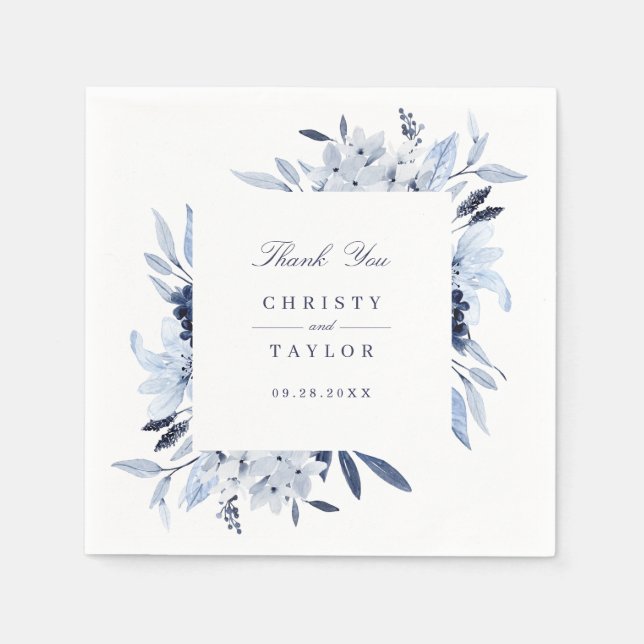 Modern Floral Blue Watercolor Personalized Napkins (Front)