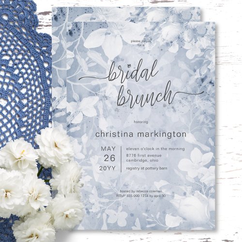 Modern Floral Blue  White Bridal Brunch Invitation