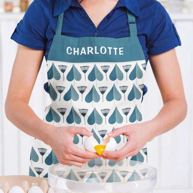 Modern Floral Blue White Pattern Personalized Name Apron (Creator Uploaded)