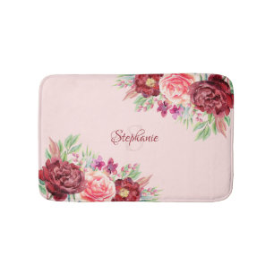 Modern Floral Blush Peach Burgundy Rose Monogram Bath Mat
