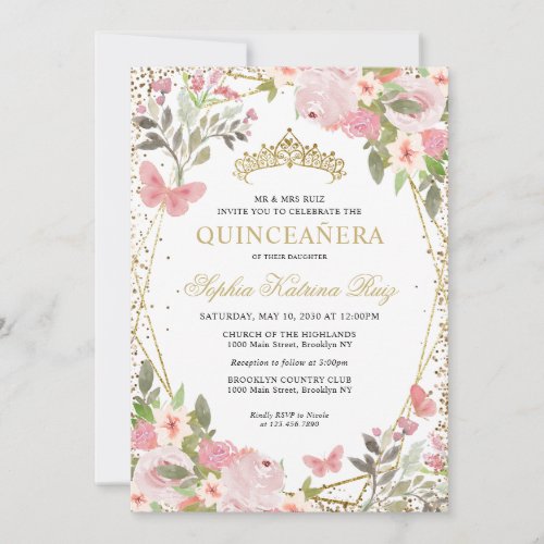 Modern Floral Blush Pink Gold Tiara Quinceaera Invitation