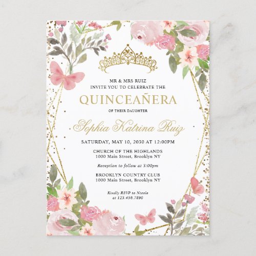 Modern Floral Blush Pink Gold Tiara Quinceaera Postcard