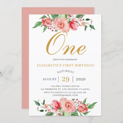 Modern Floral Blush Pink Gold Watercolor Birthday Invitation