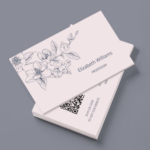 Modern Floral Blush Pink Magnolia  QR Code Business Card