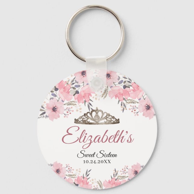 Modern Floral Blush Pink Rose Gold Sweet Sixteen Keychain (Front)