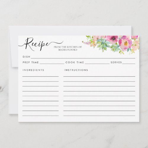 Modern Floral Blush Pink Succulent Recipe Card