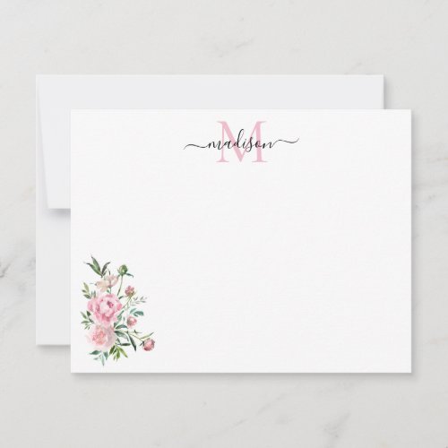 Modern Floral Blush Pink Watercolor Rose Monogram Note Card