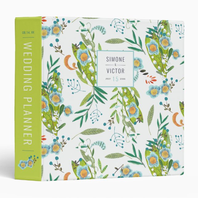 Modern floral Boho green flowers wedding planner 3 Ring Binder (Front/Spine)