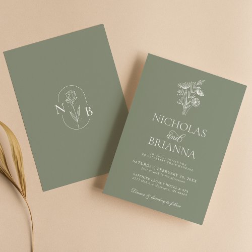 Modern Floral Boho Sage Green Wedding Minimalist Invitation