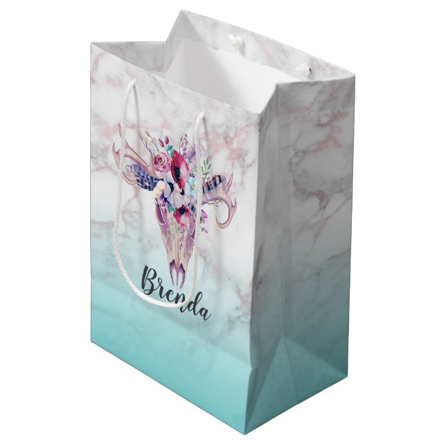 Modern floral boho skull & marble ombre medium gift bag (Front Angled)
