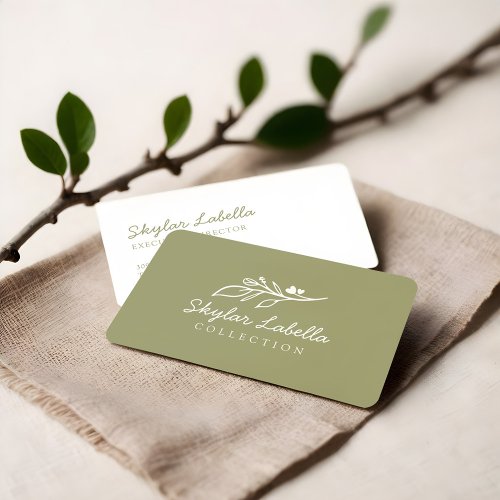 Modern Floral Botanic Line_art Logo Olive Green Business Card