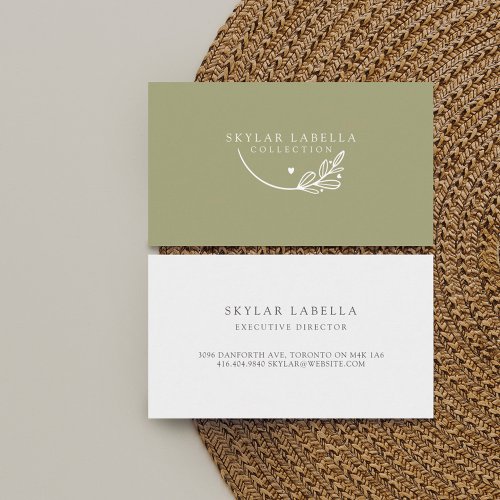 Modern Floral Botanic Line_art Logo Olive Green Business Card