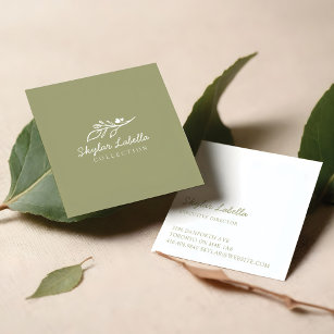 Modern Floral Botanic Line-art Logo Olive Green Square Business Card