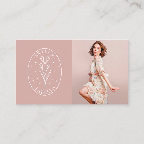 Modern Floral Botanic Line_Art Logo  Photo Blush Business Card