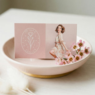 Modern Floral Botanic Line-Art Logo & Photo Blush Business Card