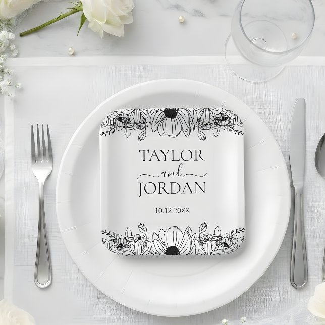 Modern Floral Botanical Border Wedding  Paper Plates (Creator Uploaded)