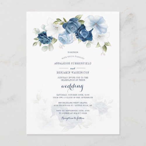 Modern Floral Botanical Dusty Blue Wedding Invitation Postcard
