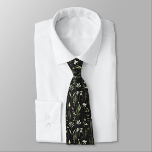 Modern Floral Botanical Green and Black Neck Tie