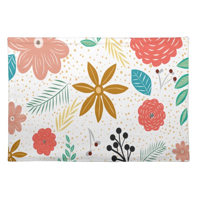 Modern Floral Botanical Pattern White  Cloth Placemat (Front)
