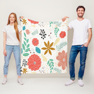 Modern Floral Botanical Pattern White Fleece Blanket