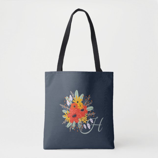 Modern Floral Bouquet Monogram Blue Tote Bag (Front)
