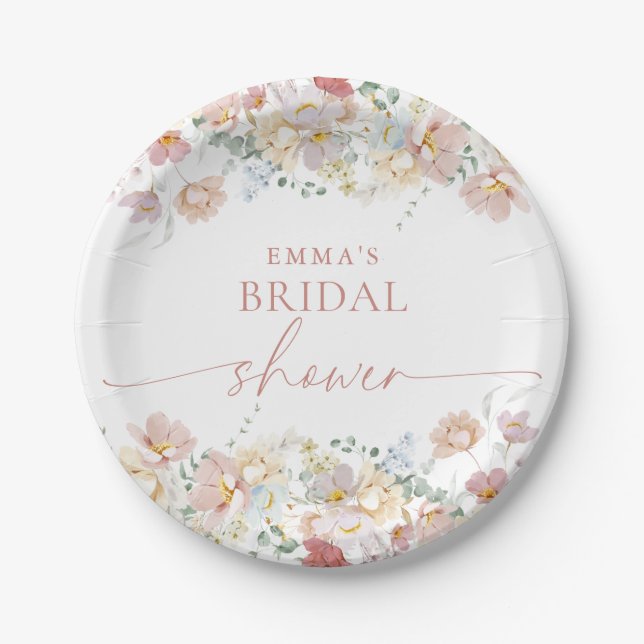 Modern Floral Bridal Shower Decor, Boho Wildflower Paper Plates (Front)