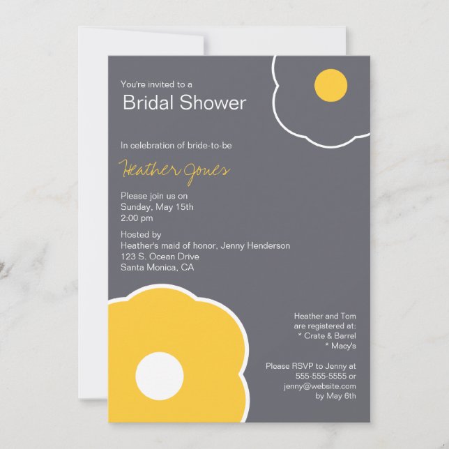 Modern Floral Bridal Shower Invitation Yellow/Gray (Front)