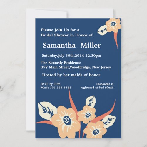 Modern Floral Bridal Shower invitations::Navy Blue