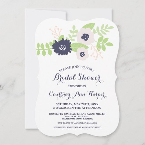 Modern Floral Bridal Shower (Navy Blue and Cream) 5x7 Paper Invitation Card