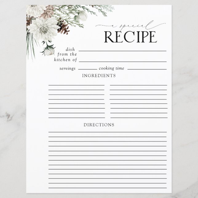 Modern Floral Bridal Shower Recipe Binder Page (Front)