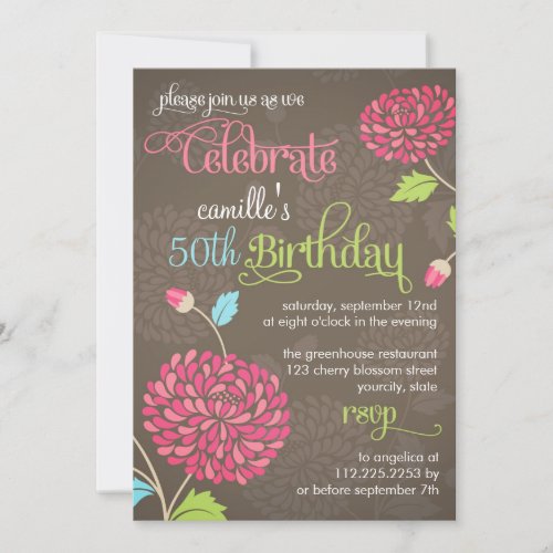 Modern Floral Orange &amp; Brown Fancy Birthday Party Announcements