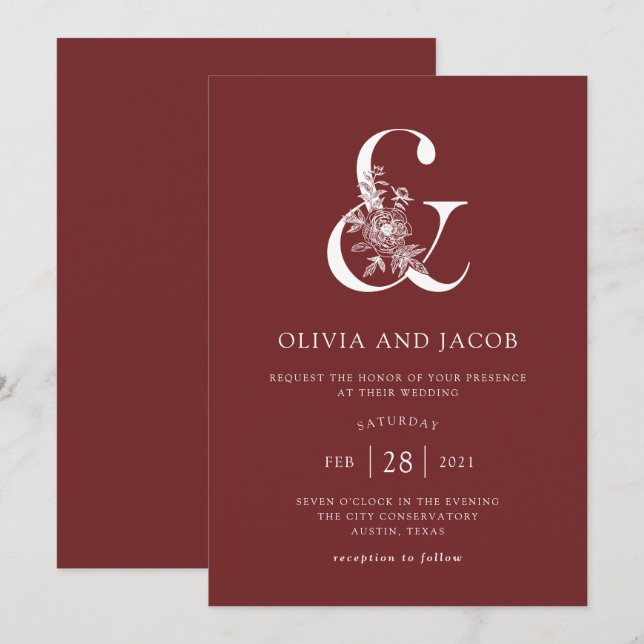Modern Floral | Burgundy Ampersand Wedding Invitation (Front/Back)