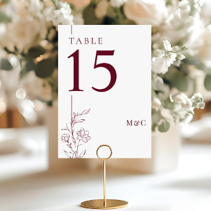 Modern Floral Burgundy and White Boho Wedding Table Number