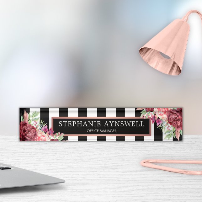 Modern Floral Burgundy Black White Stripes Desk Name Plate (Creator Uploaded)