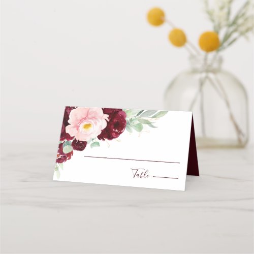 Modern Floral Burgundy Blush Wedding  Place Card