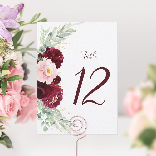 Modern Floral Burgundy Blush Wedding Table Number 