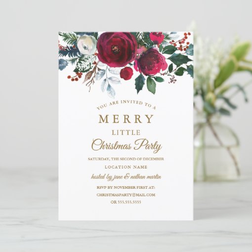 Modern Floral Burgundy Christmas Party Invitation | Zazzle