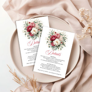Modern Floral Burgundy Gold Wedding Details Enclosure Card