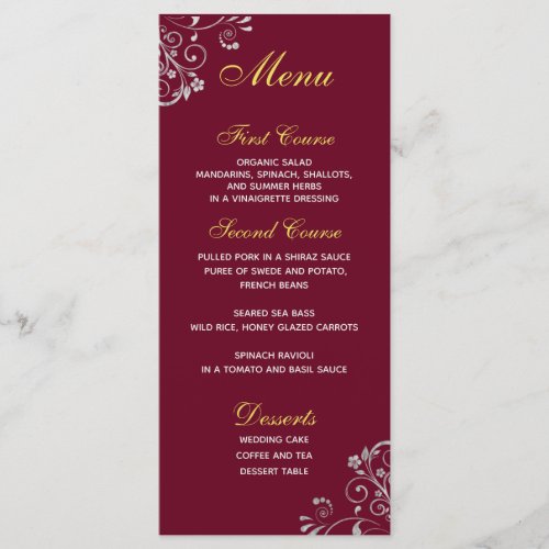 Modern Floral Burgundy Gray Wedding Menu