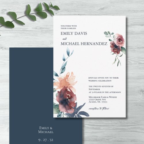 Modern Floral Burgundy Navy Blush Peach Wedding Invitation