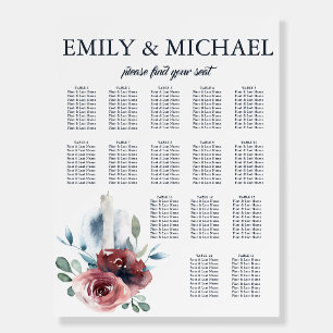 Modern Floral Burgundy Navy Blush Seating Chart Foam Board