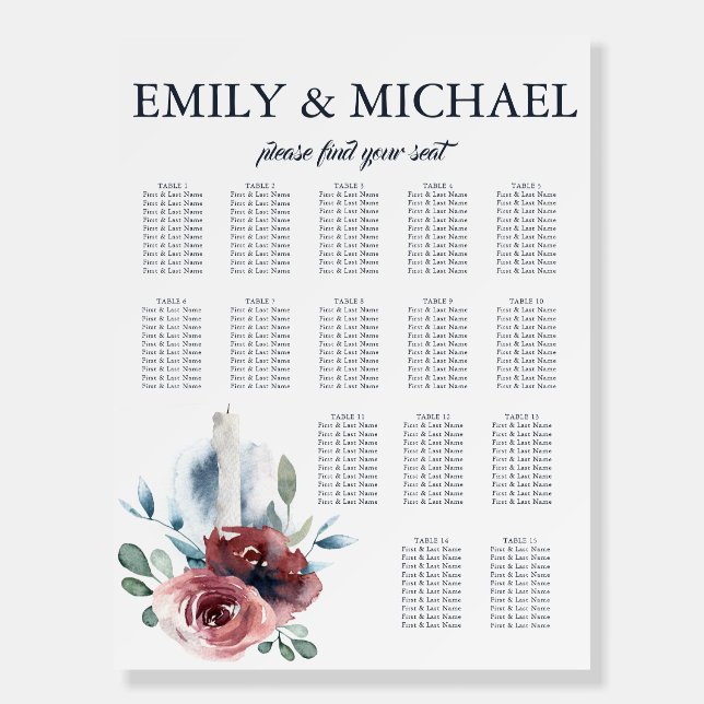 Modern Floral Burgundy Navy Blush Seating Chart Foam Board (Front)