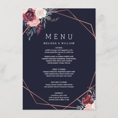 Modern Floral Burgundy Navy Geometric Wedding Menu