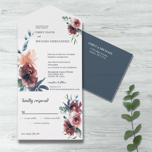 Modern Floral Burgundy Navy Peach Blush All In One Invitation