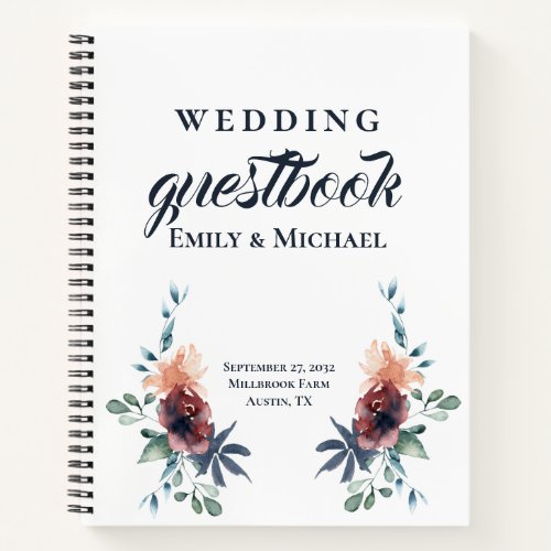 Modern Floral Burgundy Navy Peach Blush Guest Book