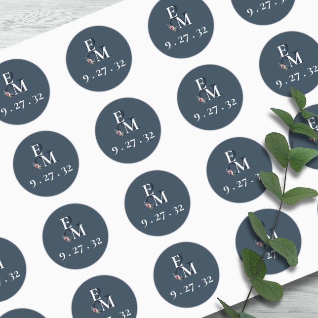 Modern Floral Burgundy Navy Peach Blush Initials Classic Round Sticker (Creator Uploaded)