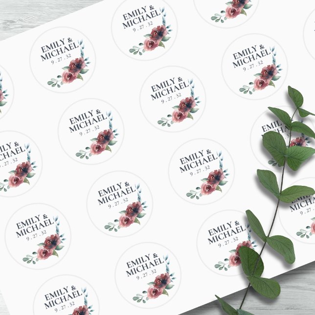 Modern Floral Burgundy Navy Peach Blush Names Classic Round Sticker (Creator Uploaded)